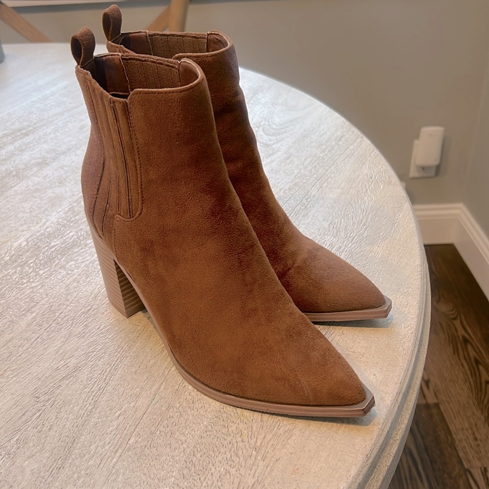 Brown faux suede women’s booties Like new! Worn once for a family photo shoot